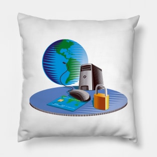 Internet connected to the World Woodcut  Retro Pillow