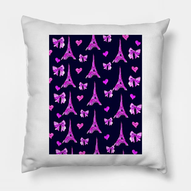 Girly Eiffel Tower Pattern in Watercolours Dark Purple Pillow by ArtInPi