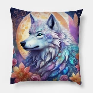 Mystical Wolf with Flowers, Full Moon, Colorful, Beautiful Pillow