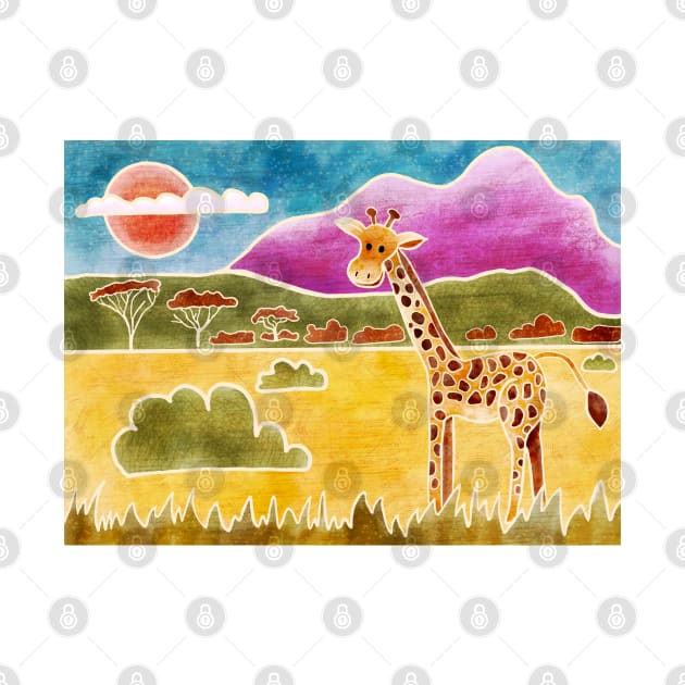 Colourful Cute Giraffe in the Savannah, Batik silk painting style by DragonpupLees