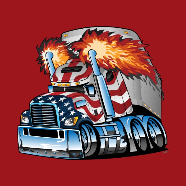 Patriotic American Flag Semi Truck Tractor Trailer Big Rig Trucker Cartoon by hobrath