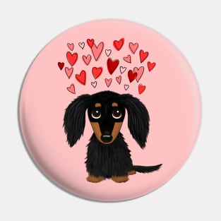 Cute Dog | Black and Tan Longhaired Dachshund with Hearts Pin