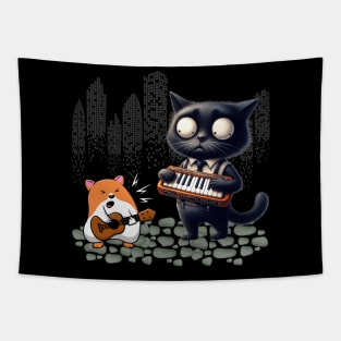 Funny Cat And Hamster Playing Keyboard And Guitar Tapestry