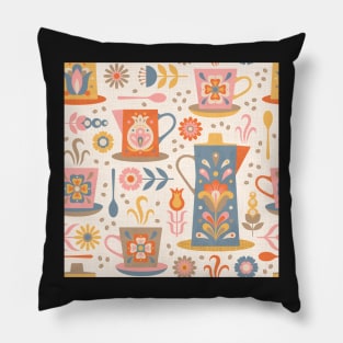 Scandinavian Coffee Break featuring  floral folk art decorated coffee pots and cups in blue, orange, pink and yellow Pillow