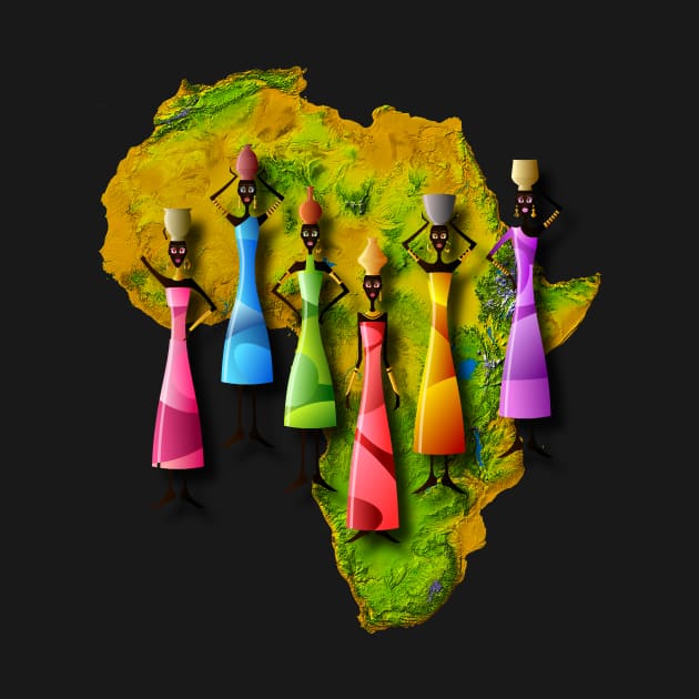 African Women In Colorful Dresses On Africa Map. by HumusInPita