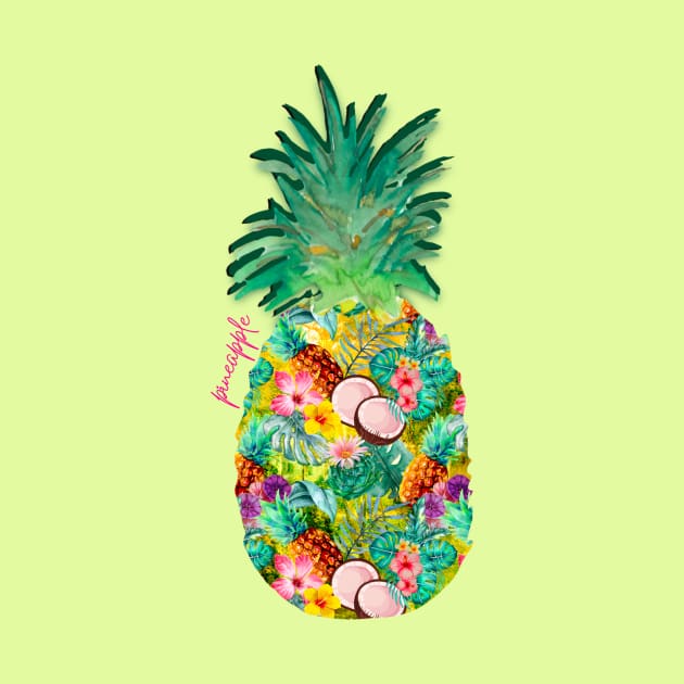 tropical pineapple exotic botanical illustration with floral tropical fruits, yellow fruit pattern over a by Zeinab taha