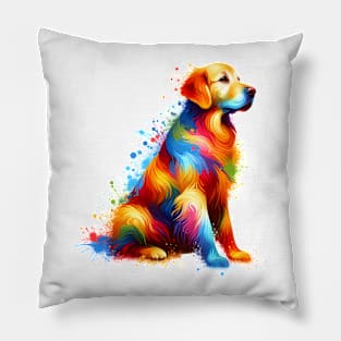 Vibrant Abstract Golden Retriever in Splash Paint Style Pillow