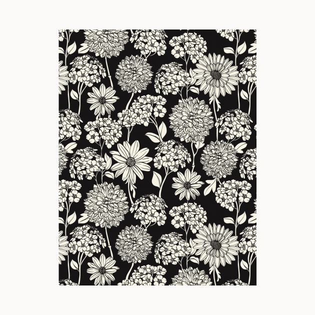 Black and White Neck Gator Black and White Dahlias and Daisies Pattern by DANPUBLIC
