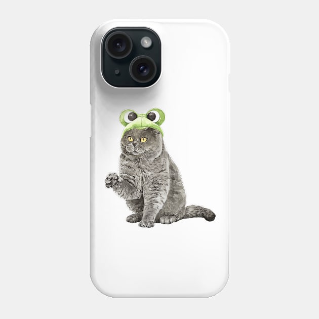 Funny Watercolor British Shorthair Cat Wearing Frog Helmet Phone Case by labatchino