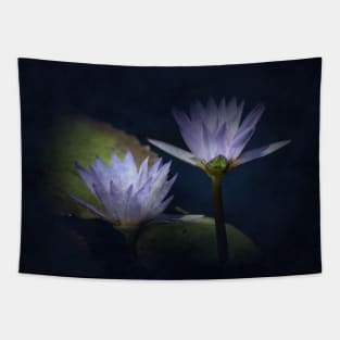 Lotus Flowers in Midnight Blue Digital Art Tapestry