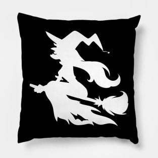 Witch Flying on Broomstick White Silhouette Pillow