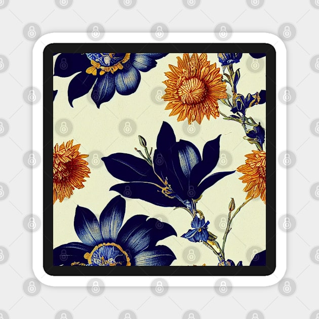 Deep Blue and Rust Autumn Orange Vintage Floral Magnet by VintageFlorals