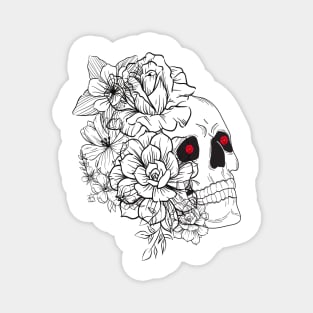 skeleton face drawn in black lines with various flowers and roses on one side Magnet