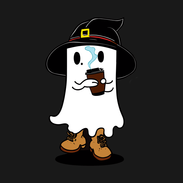 cute Ghost with witch hat drinking coffee by sopiansentor8