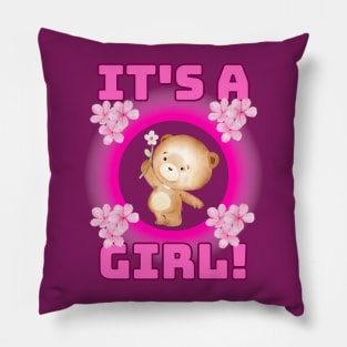 It's a girl revealing pink flowers and a cute bear. Fritts Cartoons Pillow