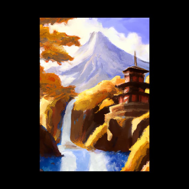 Japan Tower Waterfall Painting by maxcode