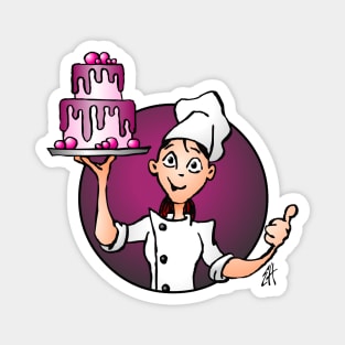 Pastry chef with a pink glazed cake Magnet