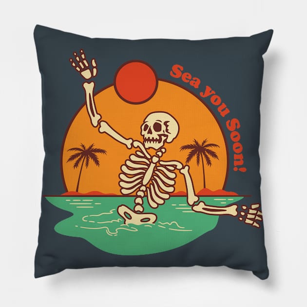 Sea you Soon Punny Skeleton Pillow by waltzart