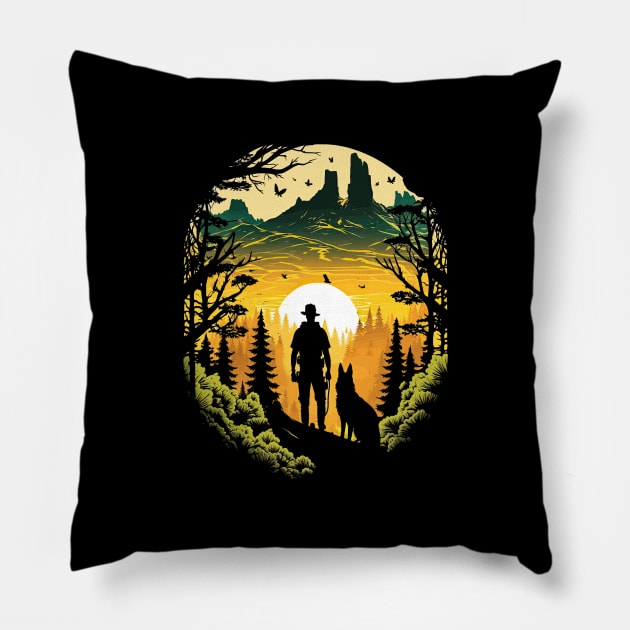 Man & Dog Hiking At Sunset Pillow by Sun Elk