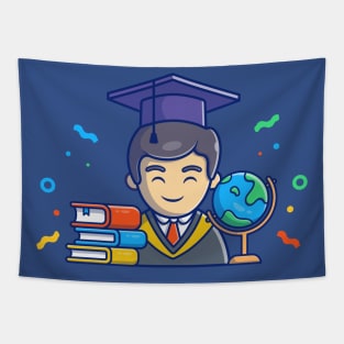 Men Graduating, Globe, And Books Cartoon Tapestry