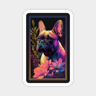 French Bulldog Dog Vibrant Tropical Flower Tall Digital Oil Painting Portrait Magnet