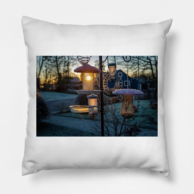 the birds are not yet up, when the beautiful sunrise that shines on the birds dining table Pillow by connyM-Sweden