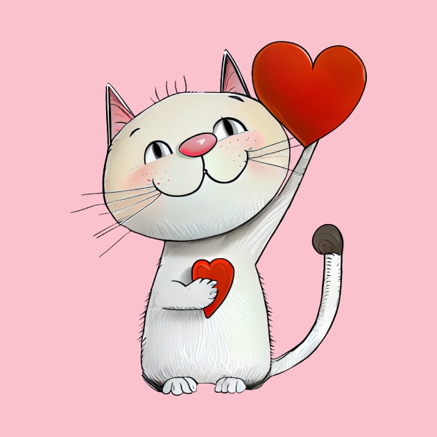 Cat with Two Hearts - funny illustration for cat lovers by KOTOdesign