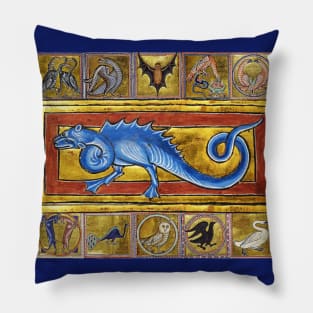 MEDIEVAL BESTIARY,SEPS LEGENDARY SNAKE , FANTASTIC ANIMALS IN GOLD RED BLUE COLORS Pillow