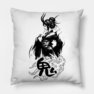 Horned Shadow Geisha, Mythical Japanese Demoness Art Tee Pillow