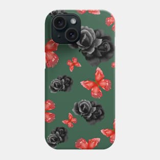 Red Butterflies and Black Roses w/ dark green background Phone Case