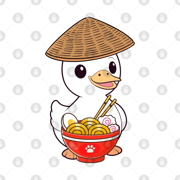 Funny duck is eating noodles by Pet Station