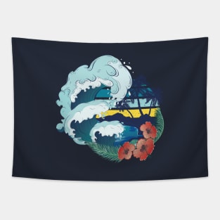 Retro beach and ocean waves Tapestry