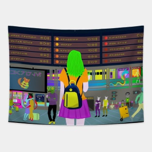 Girl in Spaceport with Backpack Tapestry