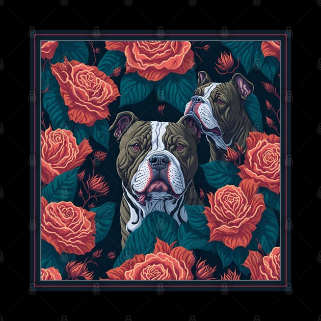 Dogs, pit bull and roses, dog, seamless print, style vector (red roses grey pit) by xlhombat