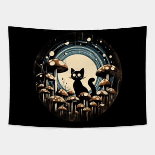 Funny Vintage Black Cat in Mushroom Garden Tapestry