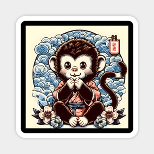 Cute Kawaii monkey king wearing a kimono with flower classic design Magnet