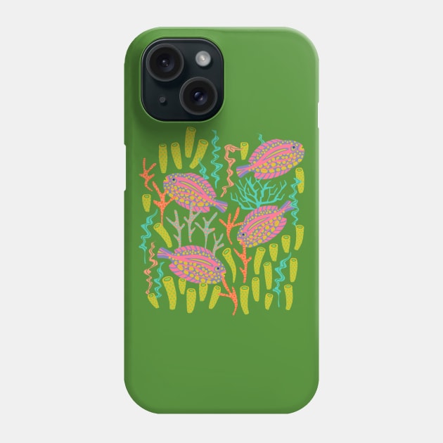 TROPICAL ZONE Coral Reef Fish Undersea Ocean Sea Creatures in Pink Purple Yellow Orange on Green - UnBlink Studio by Jackie Tahara Phone Case by UnBlink Studio by Jackie Tahara