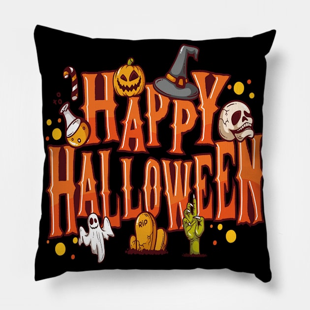 Happy Halloween Scary Retro Pumpkin Pillow by cranko