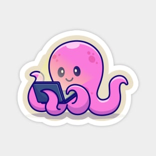 Cute Octopus Working On Laptop Cartoon Magnet