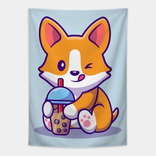 Cute Corgi Drink Milk Tea Boba Tapestry