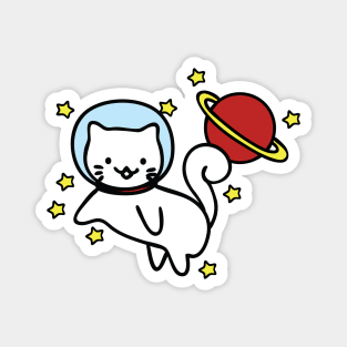 Cat Space Traveler among stars and planet Magnet