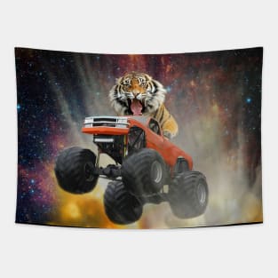 Snarling Tiger Jumping a Monster Truck Through an Explosion GERRRRR Tapestry