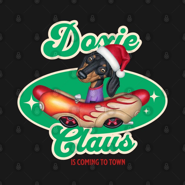 Funny cute Doxie Dog in classic hotdog car on Doxie Claus Dachshund by Danny Gordon Art