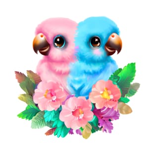 Twin Baby Parrots Pink and Blue T-Shirt