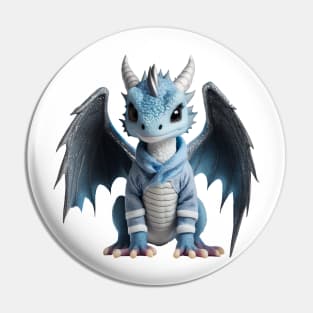 Cute Blue Baby Dragon Wearing a Warm Winter Jacket Pin
