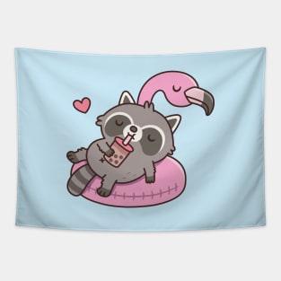 Cute Raccoon Chilling on Flamingo Pool Float Tapestry