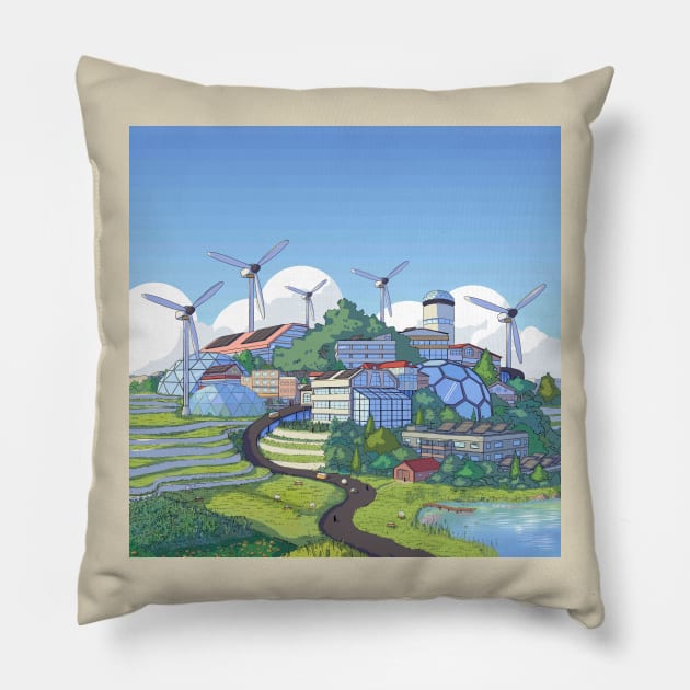 Solarpunk City Pillow by Ginkgo Whale