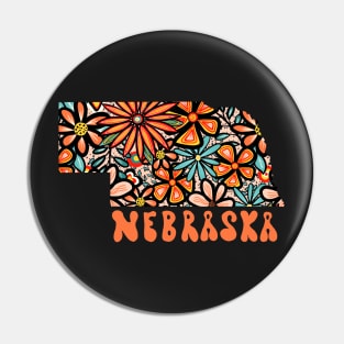 Nebraska State Design | Artist Designed Illustration Featuring Nebraska State Outline Filled With Retro Flowers with Retro Hand-Lettering Pin