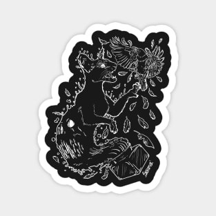 Black Oriental cat made of black ink is attacking black raven Magnet