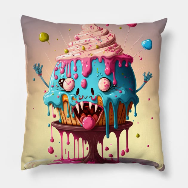 Cake Caricature - January 1st - Yearlong Psychedelic Cute Cakes Collection - Birthday Party - Delicious Dripping Paint, Bright Colors, and Big Adorable Smiles Pillow by JensenArtCo